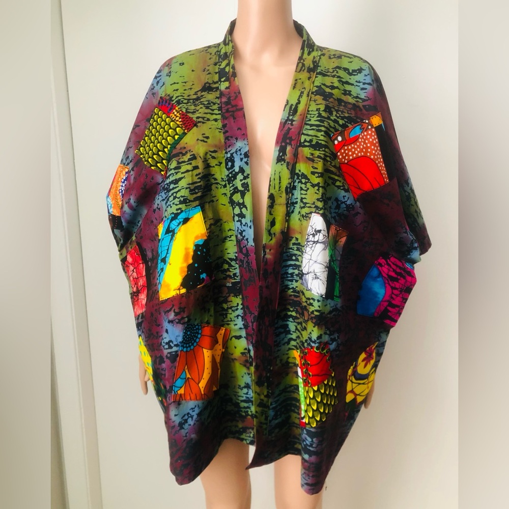 African Batik Print Front Patchwork Short Kimono - image 1
